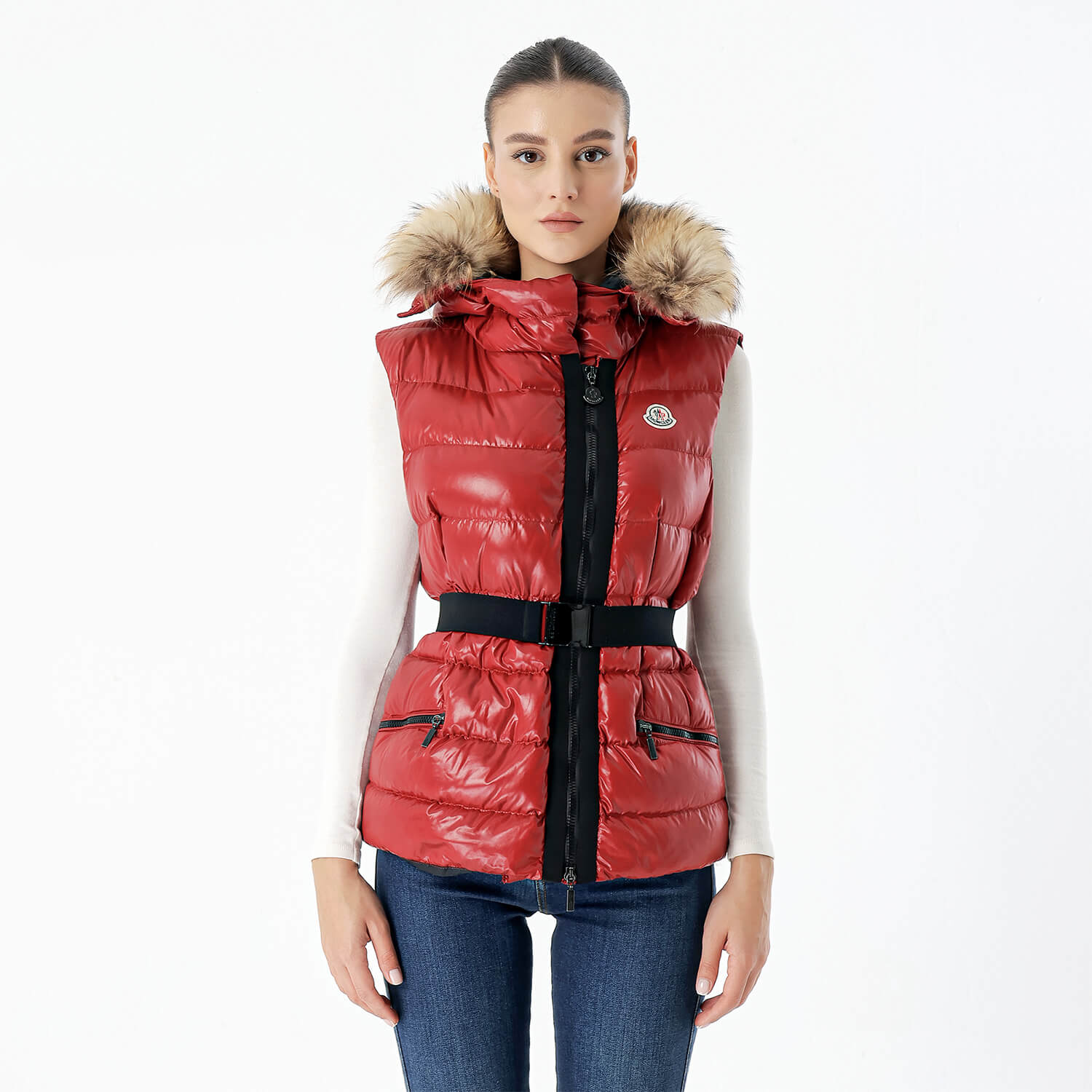 Moncler - Red Puffer & Fur Gilet Hodded Lightweight Coat